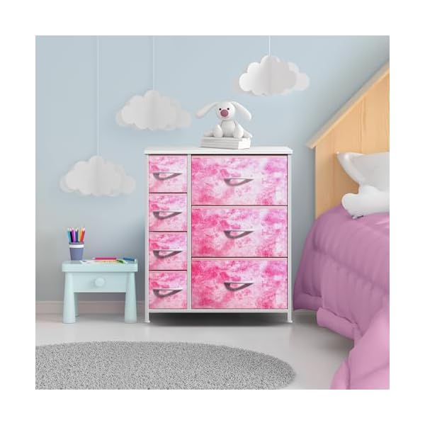 Sorbus kids dresser with 7 drawers storage chest organizer unit with steel frame wood top handles tie dye fabric bins for clothes wide furniture for bedroom hallway kids room nursery closet  urban country home decor