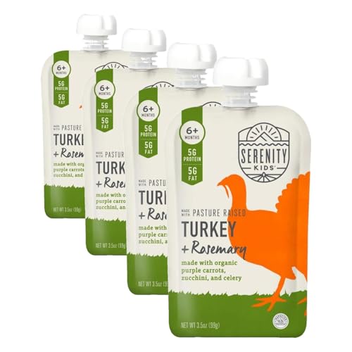 Image of Serenity Kids 6+ Months Baby Food Pouches Puree Made With Ethically Sourced Meats & Organic Veggies | 3.5 Ounce BPA-Free Pouch | Pasture Raised Turkey & Rosemary, Purple Carrot, Zucchini | 1 Count