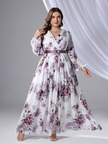 Image of Spring Summer 2024 Plus Size Womens Dresses V Neck Casual Elegant Long Sleeve Floral Print Maxi Dress