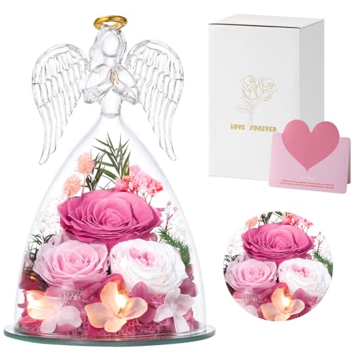 Emibele Rosa Natural Conservada en Escultura Angélica de Cristal, Flor Eterna en Ángel de Vidrio con Iluminación LED, Detalle Romántico de Rosas para Mujer en Cumpleaños Día de los Enamorados, Rosa