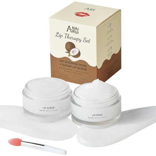 ANAirui - Juego de cuidado de labios de coco, karité y vitamina E, exfoliante y bálsamo nutritivo para labios agrietados, secos y sensibles – Reparadora nocturna hidratación intensa
