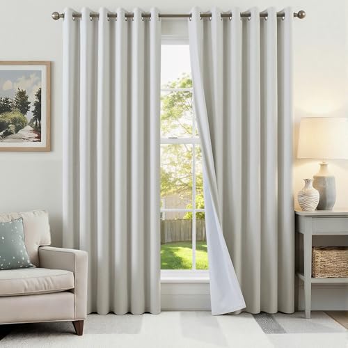 Runyéla 100% Rideau Occultant Lin Thermique Isolant Anti Chaleur Lot de 2, 200x245 Rideaux à Oeillets Fenêtre Beige Clair, Anti Froid UV Phonique Bruit,...