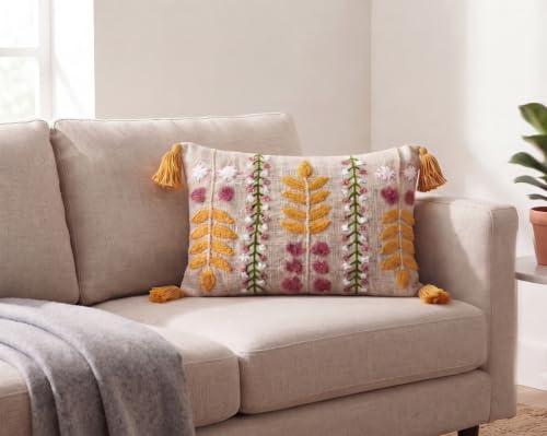 Image of Furnistitchs Boho Rectangle Cushion Cover 12x20 inches | Handmade Decorative Throw Pillow Case | Bohemian Home Decor Sofa Bed Cushion Cover Living Room Bedroom (1, Pink Bloom, 12x20 inches)