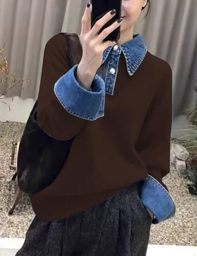 Image of Womens Denim Lapel Sweater Oversized Long Sleeve Button Down Polo Knit Pullover Sweaters 2025 Fall Outfits