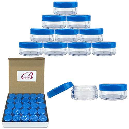 Beauticom (Quantity: 50 Pieces) 5G/5ML Round Clear Jars with Blue Lids for Scrubs, Oils, Toner, Salves, Creams, Lotions, Makeup Samples, Lip Balms