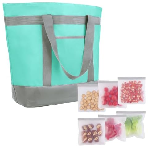 CIVJET Insulated Reusable Tote Bag for Grocery Shopping with 6 Pack Reusable Gallon Freezer Bags, Dishwasher Safe Reusable Ziploc Bags Cover