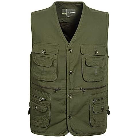Flygo Men's Casual Cotton Outdoor Work Safari Travel Photo Vest with Multi Pockets, Light Green, Large Cover