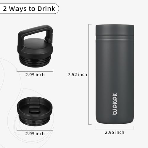 Image of BJPKPK 20 oz Insulated Travel Water Bottle, Coffee Tumbler Stainless Steel | Double Wall Vacuum, Leakproof, Thermal, Keeps Hot /Cold, BPA Free, Dishwasher Safe, Spill Proof, Wide Mouth, 2 Lids, Grey