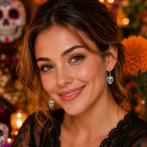 Image of Sugar Skull Earrings 925 Sterling Silver HalloweenSugar Skull Dangle Earrings Halloween Jewelry Sugar Skull Gifts for Women