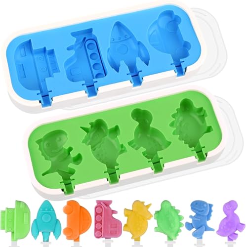 2 Pack Silicone Popsicle Molds with Lids 4-Cavity Mini Ice Cream Molds for Kids (Cars Ships Train Rocket Dino Shapes) BPA Free Reusable DIY Popsicle Maker for Homemade Frozen Treats