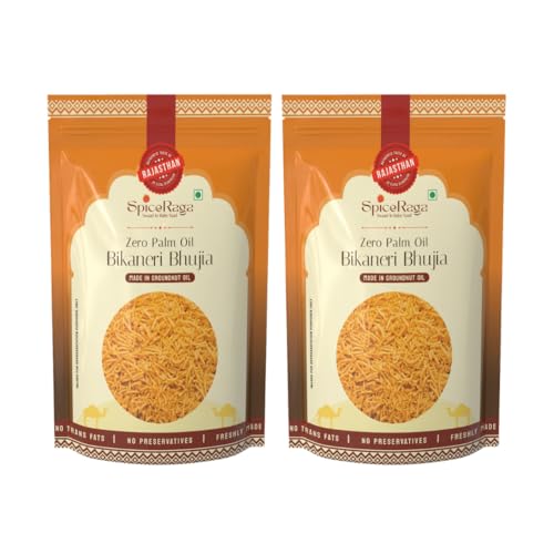 Image of SpiceRaga | Bikaneri Bhujia Pack of 2 | No Palm Oil | Pure Groundnut Oil | No Trans Fat | Crispy & Spicy Teatime Snack | Healthy Namkeen Moti Sev | 100% Natural Ingredients | 400g Each