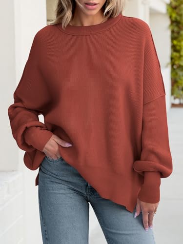 Image of ANRABESS Women Oversized Sweaters Batwing Long Sleeve 2026 Fall Outfits Crewneck Casual Knit Side Slit Fashion Pullover Top