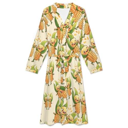 Cute Corn Cobs Dancing Soft Robe Long Sleeve Bathrobes V Neck Sleepwear Spa Robes with Belt Men Woman3