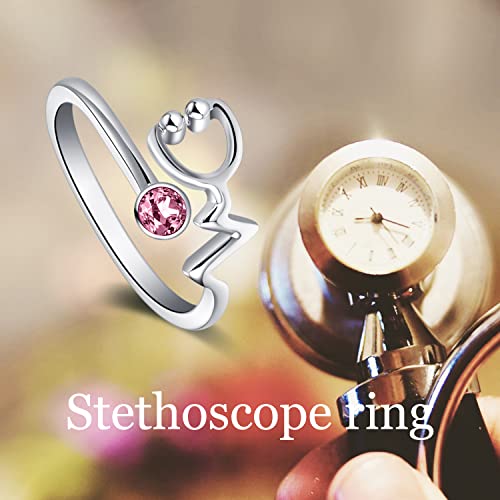 AOBOCO Sterling Silver Heartbeat EKG Stethoscope Ring Embellished with Simulated Birthstone Crystal from Austria, Medical Jewelry for Doctor Nurse Medical Student RN Nurse Gifts for Women4