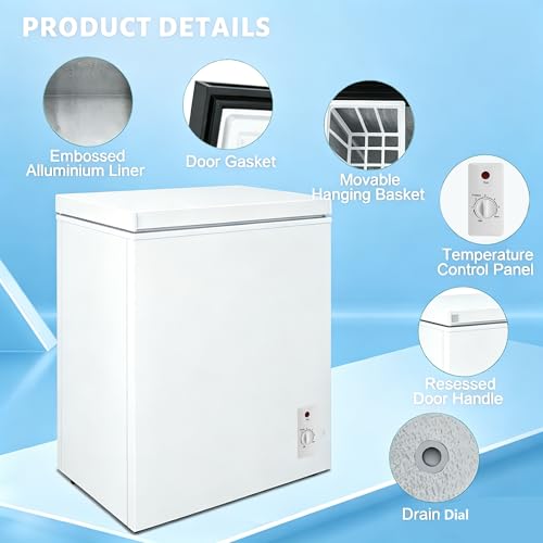 Image of Compact Deep Freezer, 3.6 Cu Ft Chest Freezer with 6 Adjustable Thermostat, Top Open Door Freezer with Removable Basket, Energy Saving Freezer for Home, Apartment, Office, White