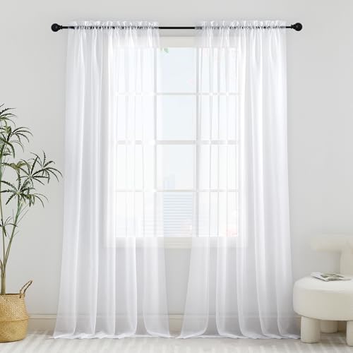 PONY DANCE Extra Long White Voile Curtains Slot Top - 60 x 95 inches Net Curtains for Windows Lightweight Super Soft Semi Transparent Voile Sheer Panels for Bedroom/Living Room/Patio Door, Set of 2