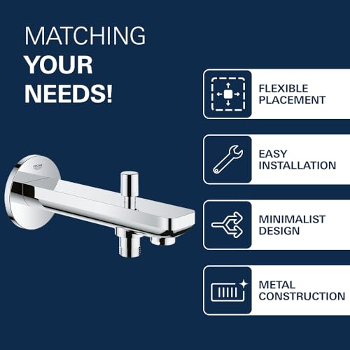 Image of GROHE BauContemporary Bath Spout with Automatic Diverter| Wall Mounted| Scratch Resistant LongLife Finish |Chrome Finish | 10 Year Warranty | 13390000