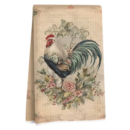 Lovdazzles Vintage Rooster Kitchen Towels, Rustic Decorative Absorbent Microfiber Dish Cloth Tea Towel, Chicken Waffle Soft Hand Towels for Farmhouse Home Bathroom Kitchen Decor, Rooster Gifts