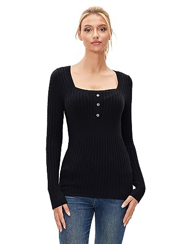 AmélieBoutik Women Cotton Blend Square Neck Empire Waist Long Sleeve Sweater