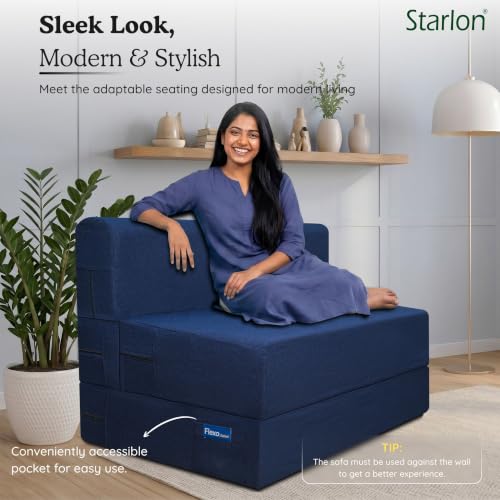 Image of Starlon 1 Seater Foldable Sofa Cum Bed 3-in-1 with Washable Jute Fabric Cover, Space Saving Guest Bed for Living Room & Apartment, Pre-Assembled Royal Navy Blue 3x6 Ft