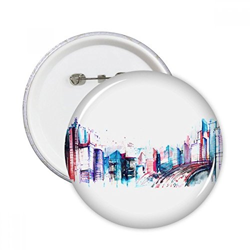 Badge bouton rond aquarelle ville bâtiment moderne et gratte-ciel multicolore pour vêtement L