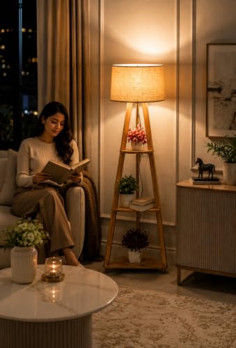 Image of Creeper Modern Wooden Tripod Floor Lamp with Fabric Linen Shade