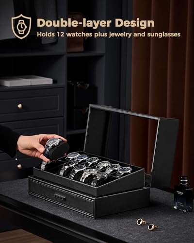 Image of ProCase Watch Box for Men, 12 Slots Watch Display Holder with Clear Acrylic Top, Large Capacity PU Leather Case with Drawer Organizer, Jewelry Storage, Ideal Gift for Men Women -Black