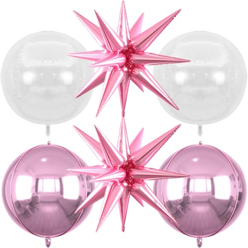 Image of 6pcs 22 inch Pink Star Balloons and 4D Large Foil Balloons, Pink Star Balloon Transparent 4D Foil Aluminum Balloon For Birthday Baby Shower Party Wedding Graduation Bridal Shower Valentine's Day Decor
