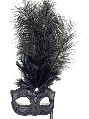 LADIES MIDNIGHT BLACK VENETIAN MASQUERADE HALLOWEEN CARNIVAL PARTY EYE BALL LONG FEATHER MASK ON A STICK, 8cm Deep exc Flower & Stick - Image 2