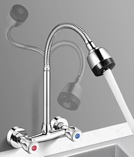 Grifo de cocina montado en la pared de cobre Grifo mezclador de agua fría caliente 360 Caño giratorio Doble manija en la pared Grifo de fregadero ajustable 13-17cm Plata (C)