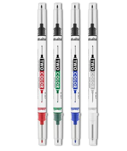 Image of INOCEAN 4PCS Long Nib Marker Pen, Marker Pen Permanent, Deep Hole Marker for Wood, 20mm Double Tip Dual Color Set of Four, Black White Red Blue Green, All Weather Marking Tool for Construction DIY