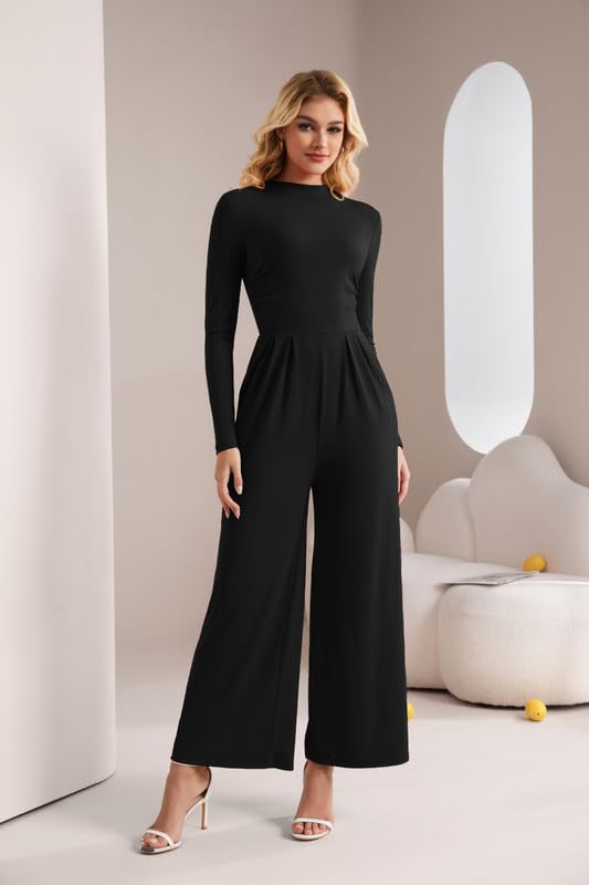 Combinaison Femme Chic et Élégant Manches Longues Col Mock Jumpsuit Slim Fit Taille Haute Pantalon Large avec Poches Casual Combinaisons Fluide Combi Automne pour Cocktail Mariage Soirée