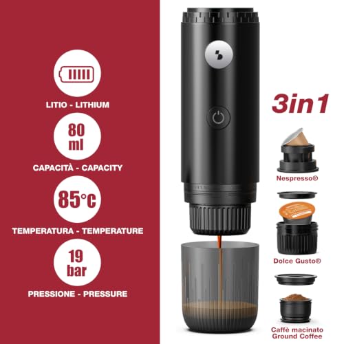BEPER P101CAF250 Machine à café expresso portable rechargeable 3 en 1 – Compatible avec capsules Nespresso®, Dolce Gusto® et café moulu, 19 bars, sans fil, chauffage intégré, USB-C – vue 2