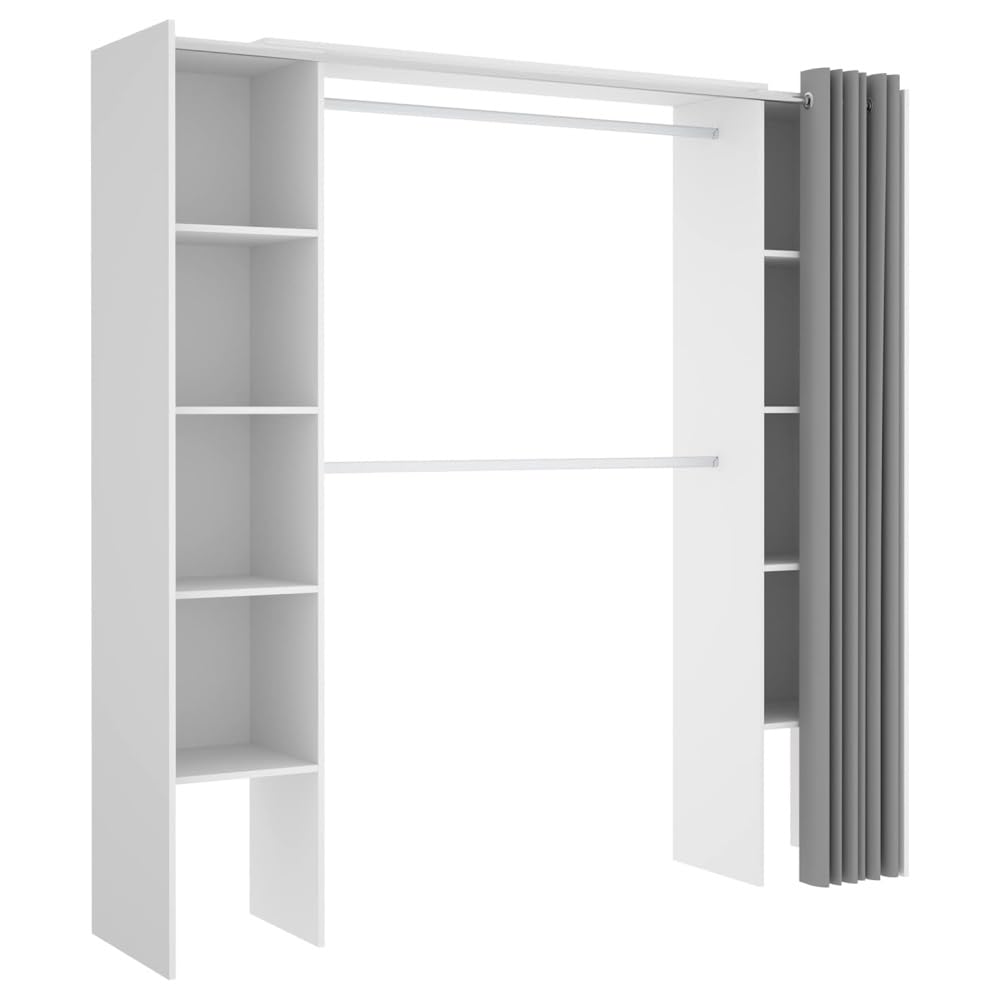SPOGLIATOIO con Tende BASTET - Bianco Armadio Aperto con 2 colonne e Tenda. 2 aste Appendiabiti. 10 scaffali. Misure Regolabili.