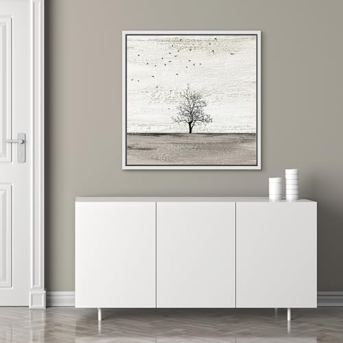 Framed Canvas Print - Birds Fly over Gray Field with Trees, Rustic Scenic Art for Living Room, Bedroom, Office - 16x16
