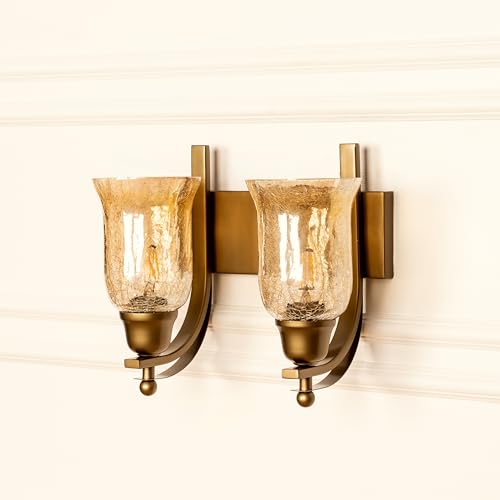Image of Divine Trends Antique Brass Finish Double J Wall Light with Chimney Crackled Glass Golden Luster for Living Room, Bedroom, Home Decoration, Hotel Wall Lamp Pack of 1