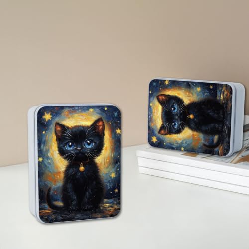 Image of Metal Tin Box with Lid,Multi-functional Storage Box Can Store Tea Biscuits Game Cards, Playing & Tarot Cards-Comes with 4 Magnetic Cord Clips,Black Kitten Painting