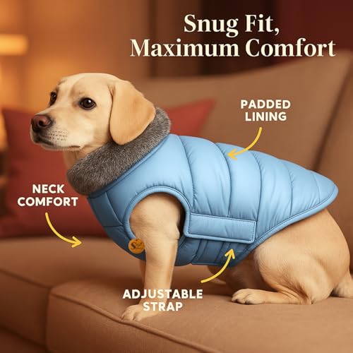 Image of Sage Square Dog Jacket Winter Coat with Fur Collar, Light Weight, Ultra Warm Windproof, Waterproof Dog /Puppy for Cold Weather, Thicker Fleece Jacket (Blue, Small - 12inch)