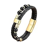 HUIANGLIYG Herren Doppelreihe, Geflochtenes Lederarmband mit Natursteinperlen, Verstellbarer...