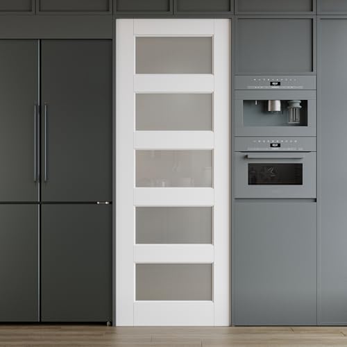 WINSTELLAR 28 x 80 5-Panel Prebuilt Interior Frosted Glass Door Slab, Paintable Interior Doors for Home, Bedroom, Pantry, Laundry Room as Prehung, Pocket, French, Barn Doors, White Door Panel
