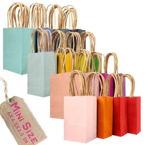 qiqee 32 Pcs Mini Paper Gift Bags with Handles 6x4.5x2.5 Small Brown Kraft Party Favor Bags 16 Different Senior Color Rainbow Treat Bags Multiple Uses (Mini size)