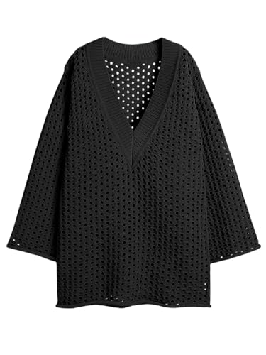 Saodimallsu Women Crochet Cover Up Long Sleeve Deep V Neck Hollow Out Sweater Oversized Beach Mini Dress Bathing Suit Coverup3
