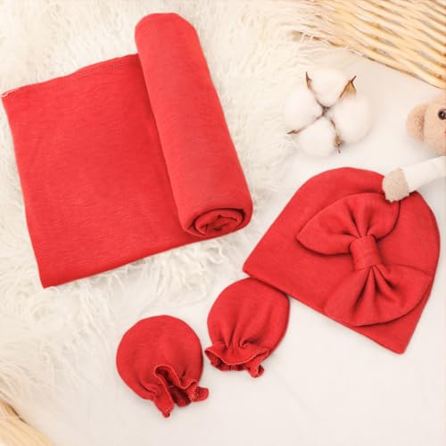 Image of AQOKKA Newborn Receiving Blanket with Bow Hat Mittens Wooden Card Set Newborns Toddler Baby Boy Girl Nursery Swaddle Wrap