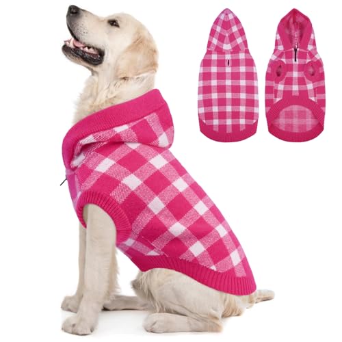 Kuoser Plaid Dog Sweater Hoodie, Warm Fleece Dog Sweaters for Medium Large Dogs, L Winter Knitwear Christmas Doggy Sweater, Cold Weather Pet Clothes for Girl Boy Dogs, Holiday Outfit and Gif
