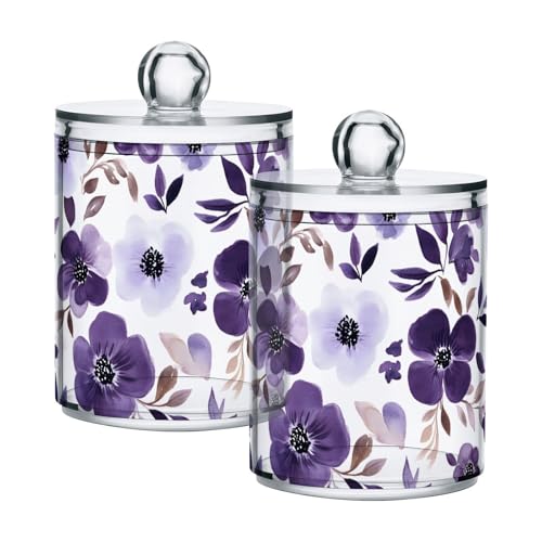 YMGQYJ 2 Pack Purple Florals Qtip Cotton Ball Holders Dispenser with Lid, Plastic Jars Bathroom Canisters Storage Organizer