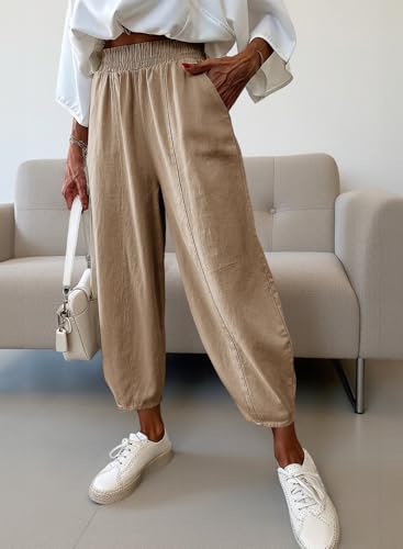 Dokotoo Womens Cotton Baggy Wide Leg Pants Casual Elastic Waisted Loose Lounge Harem Pants with Pockets3