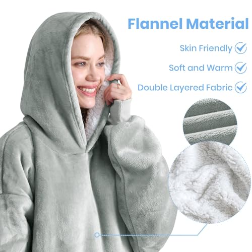 Good Nite Decke mit Ärmeln – Übergroße Sherpa kuscheldecke für Frauen und Männer, Tragbare Warm Decken mit Taschen, Adult Cosy Sweater Hoodie Grau