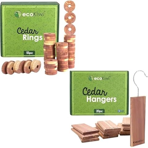ecoKiwi Cedar Blocks for Clothes Storage Bundle - 55 Pack Rings & 20 Pack Hang Ups - 100% Natural Aromatic Cedar Closets & Drawers - Scented Cedarwood Oil with Sandpaper - Cedar Freshener Deodorizer Cover