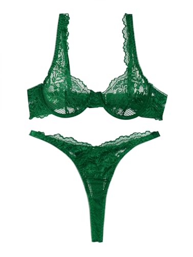 Image of Lilosy Sexy Floral Lace Scallop Underwire Push Up Sheer Lingerie Set Outfits