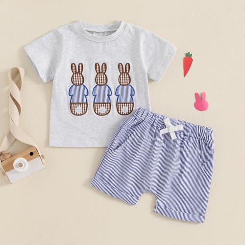 Image of Toddler Baby Boy Easter Rabbit Outfit Short Sleeve Bunny Carrot Smocked T-shirt Elastic Waist Shorts Summer Clothes